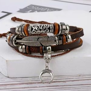 Feather Moon Multilayer Punk Leather Bracelet.